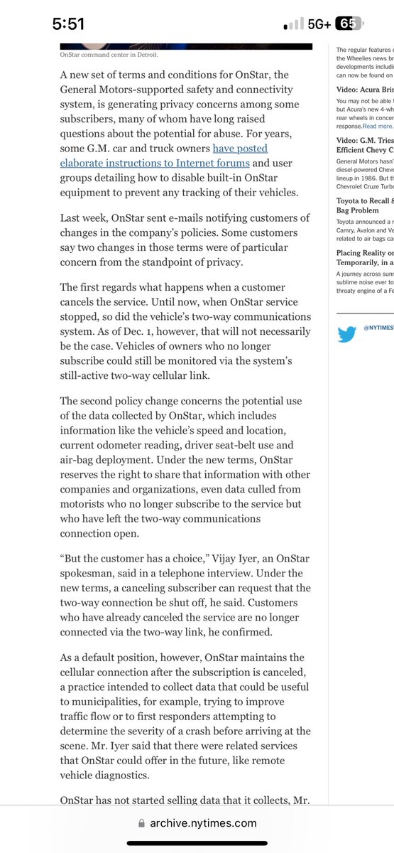 In fact, @kashhill, Here is the @nytimes story from 2011 discussing this very issue with OnStar culling information with vehicles that even cancelled their subscription archive.nytimes.com/wheels.blogs.n…