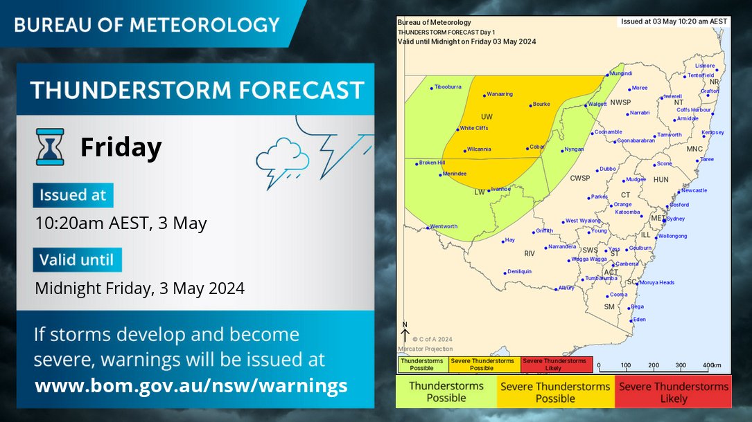 ⛈️NSW storms forecast for today (Fri 3/5): Storms possible in the Upper/Lower Western and parts of the Central West. Some slow-moving storms in the far west may bring localised heavy falls and a risk of flash flooding. Monitor latest warning at bom.gov.au/nsw/warnings/