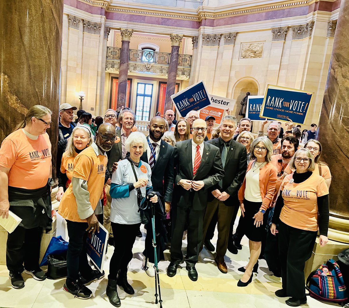 jkmassey's tweet photo. HUGE HUGE thanks to all the democracy advocates who came out today for the floor vote on the #RankedChoiceVoting Local Option bill! As you may have heard, the bill has been rescheduled to next week -- stay tuned for details, we need you to keep showing up!!   Meanwhile, special thanks to all our #mnleg champions who came by to show their support - our fabulous chief author @CedrickFrazier and colleagues @davepinto , @LarryKraftSLP, @MaryClardy7, @samakabforhouse, @Hill4MNHouse, Liz Reyer,  @SandraFeistMN, @AthenaHollins, and @MNfromMN !   @FairVoteMN