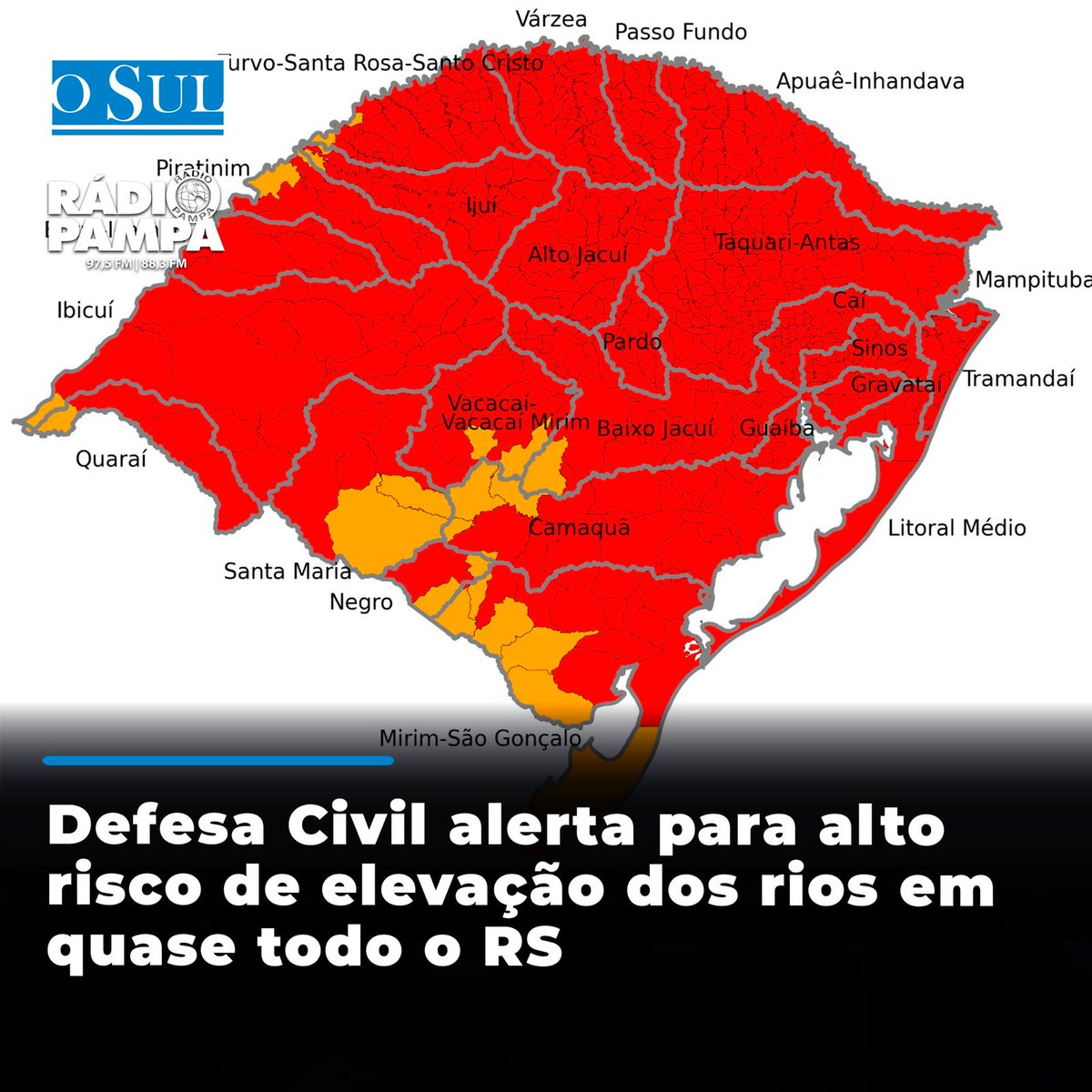 OSul_noticias's tweet photo. Defesa Civil alerta para alto risco de elevação dos rios em quase todo o RS
Link:https://t.co/lqyyuSDS4u
#jornalOsul #OSul #PortalOsul #jornal #noticias #EduardoLeite #Tragédia #RS #Enchentes #DefesaCivil https://t.co/42ReSLXOFh