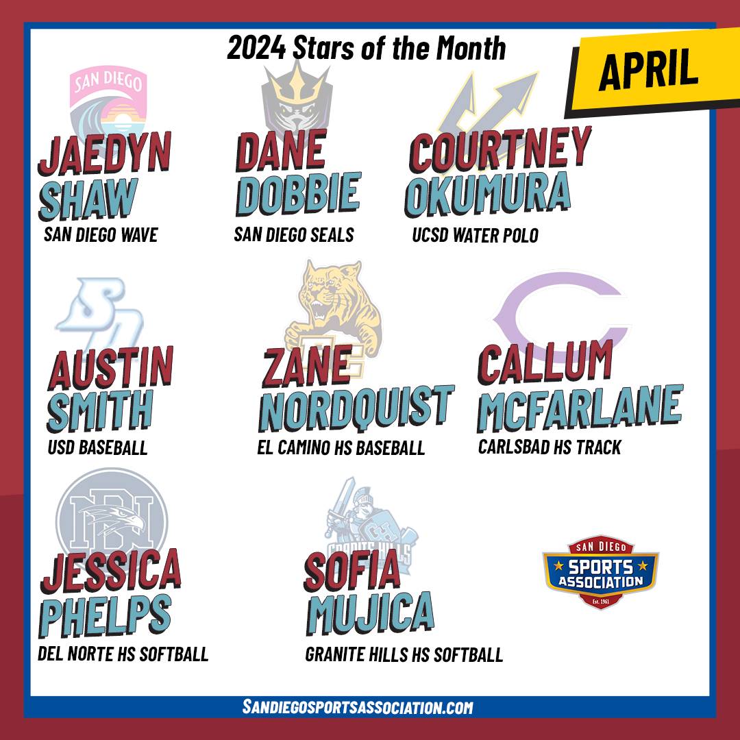 Every month we honor the top local talent at the pro, college &amp; high school levels as our Stars of the Month. 

Here are the April ⭐️s 

Each one of these talented athletes will also be celebrated at our yearly Salute to the Champions for more visit  sandiegosportsassociation.com