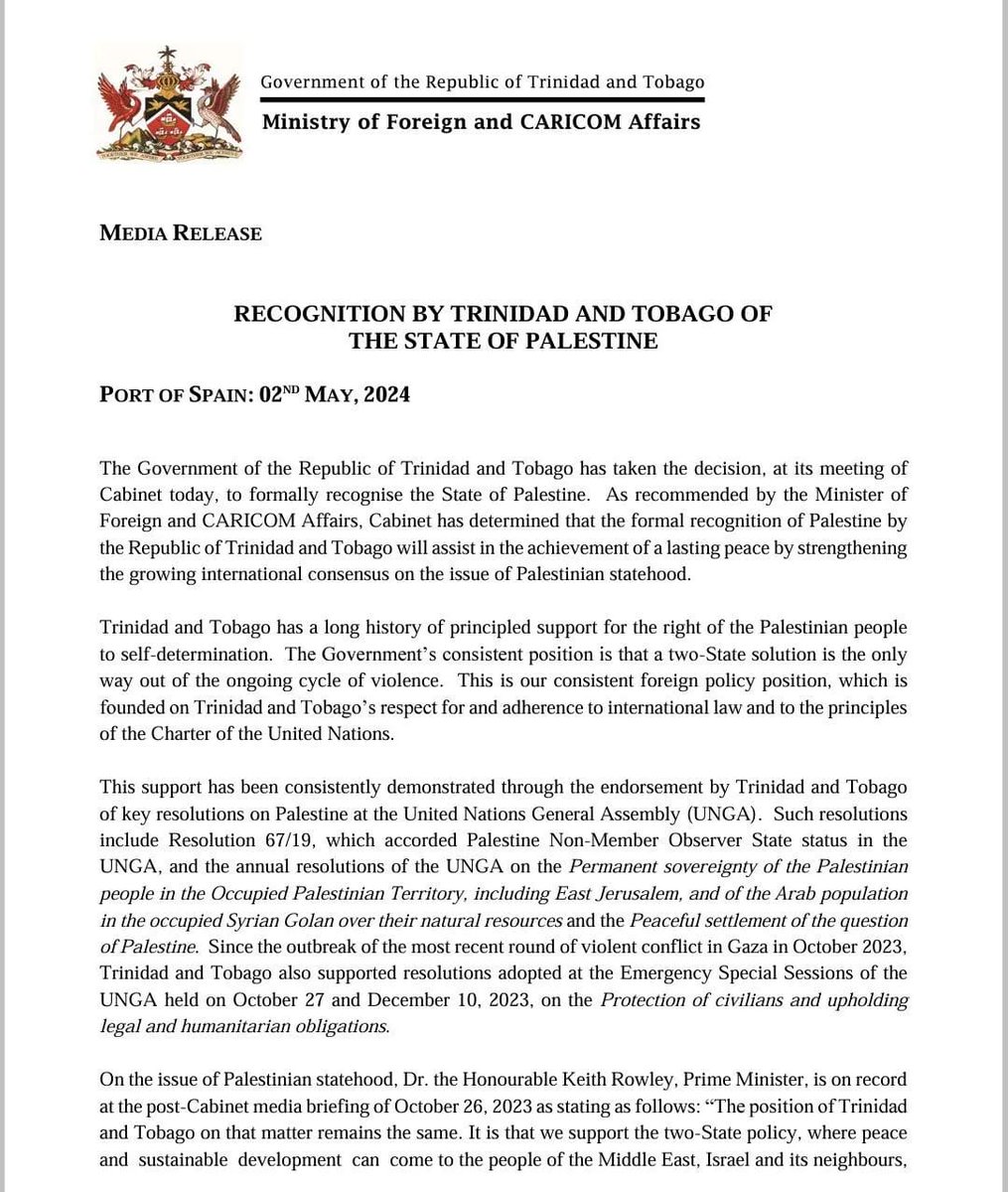 Trinidad y Tobago se sumó hoy a los más de 140 países q reconocen al Estado de Palestina. La decisión es adoptada a solo días de la visita a la nación caribeña d delegación del Comité para el Ejercicio de los Derechos Inalienables del Pueblo Palestino del cual Cuba es miembro.