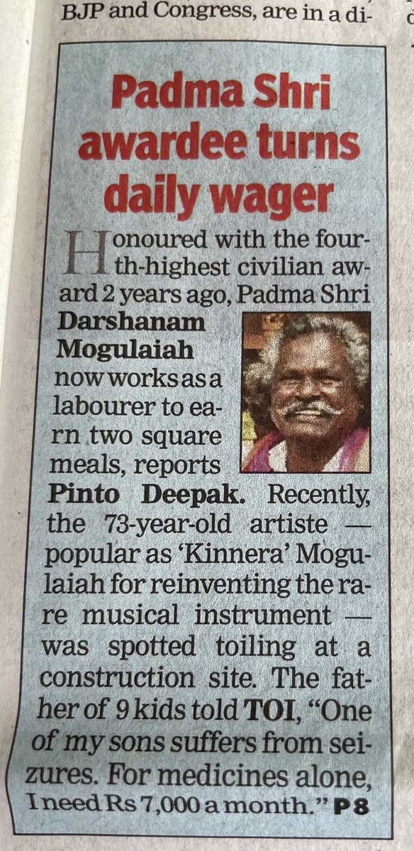 This is the tragic reality of the people’s Padma. Mainly a feel good for the government. The awardee ends up like this- the heartbreaking and heartless reality of India ❤️‍🩹😢