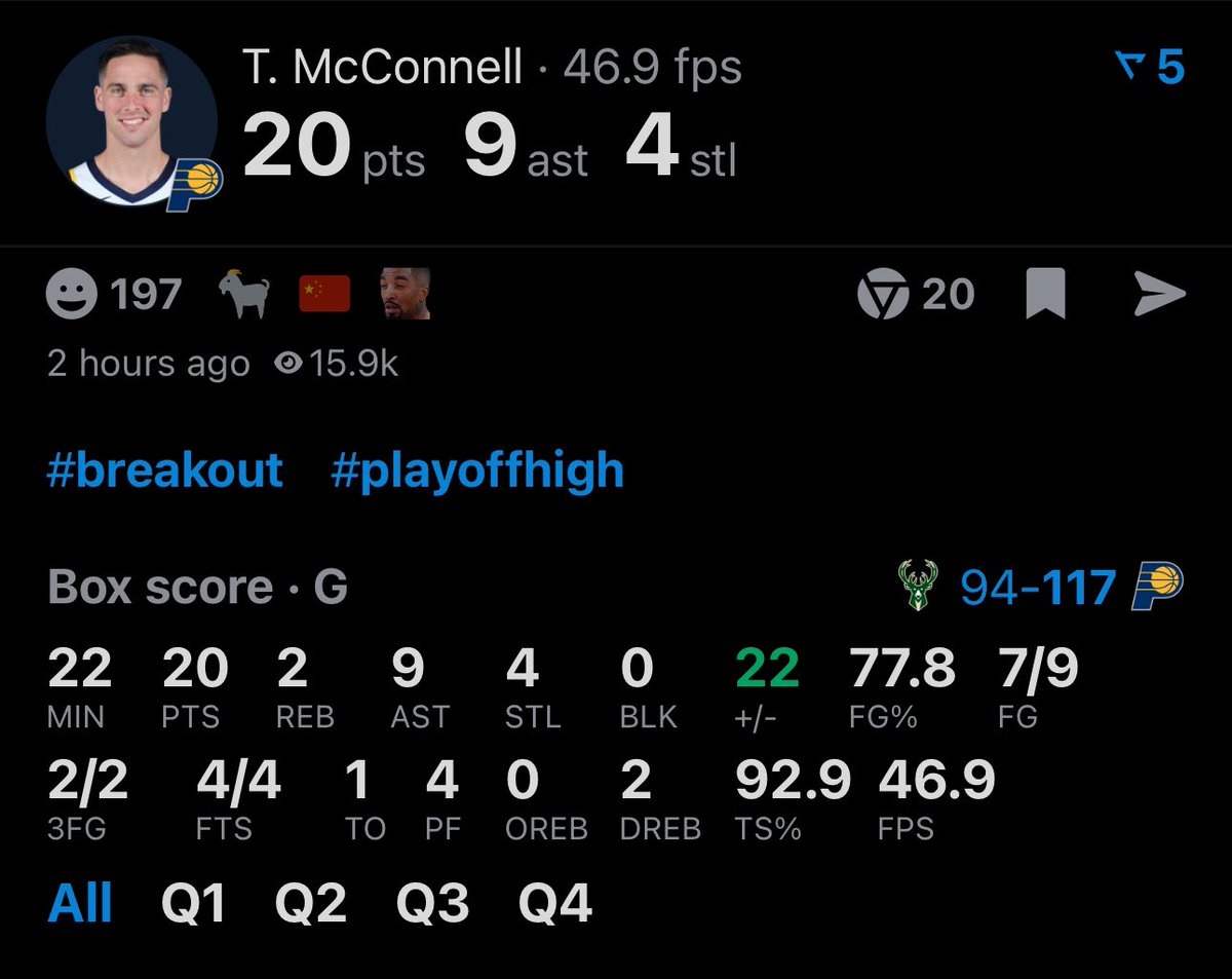 TJ McConnell off the bench tonight: 20 points 9 assists 4 steals 👀