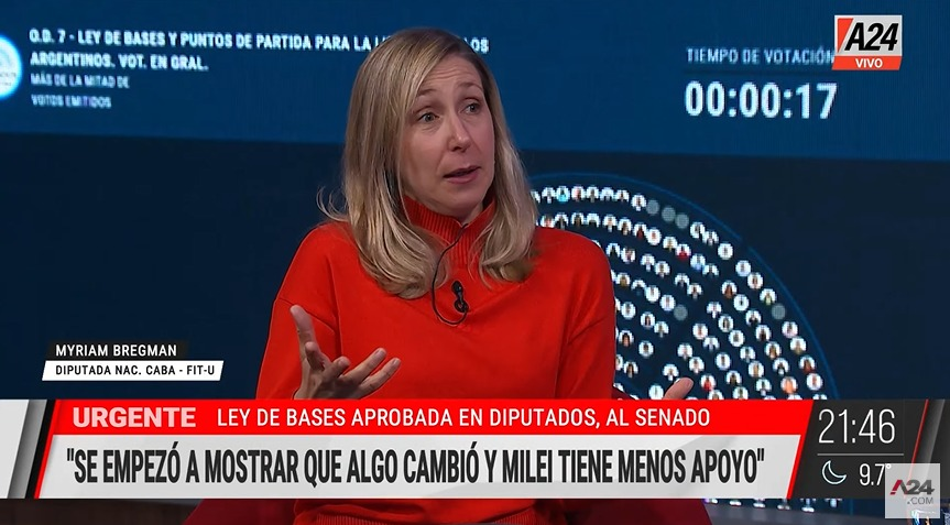 ⭕💬 @MyriamBregman en @A24COM: 'La dirección de la UBA, Yacobitti y quienes estuvieron en la tele hablando de la educación pública, usaron la masiva movilización para descomprimir la bronca, porque al día siguiente se sentaron con Milei y arreglaron votar la #LeyBases'