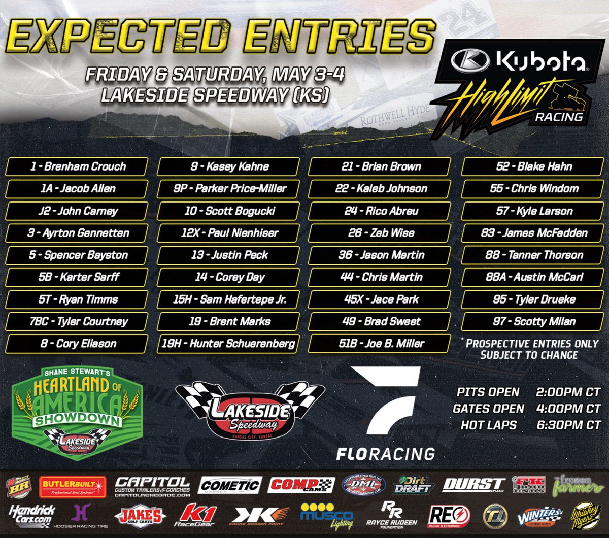 Who’s racing for $𝟱𝟬𝗞? These guys are. 🤑

3️⃣5️⃣➕ are expected in KC-K for @ShaneStewartRcg’s Heartland of America Showdown at @Lakeside_Spdwy this Friday and Saturday!

It’s the first big one for @Kubota_USA High Limit Racing!

𝗕𝗨𝗬 𝗧𝗜𝗖𝗞𝗘𝗧𝗦 🎟️ bit.ly/LakesideTicket…