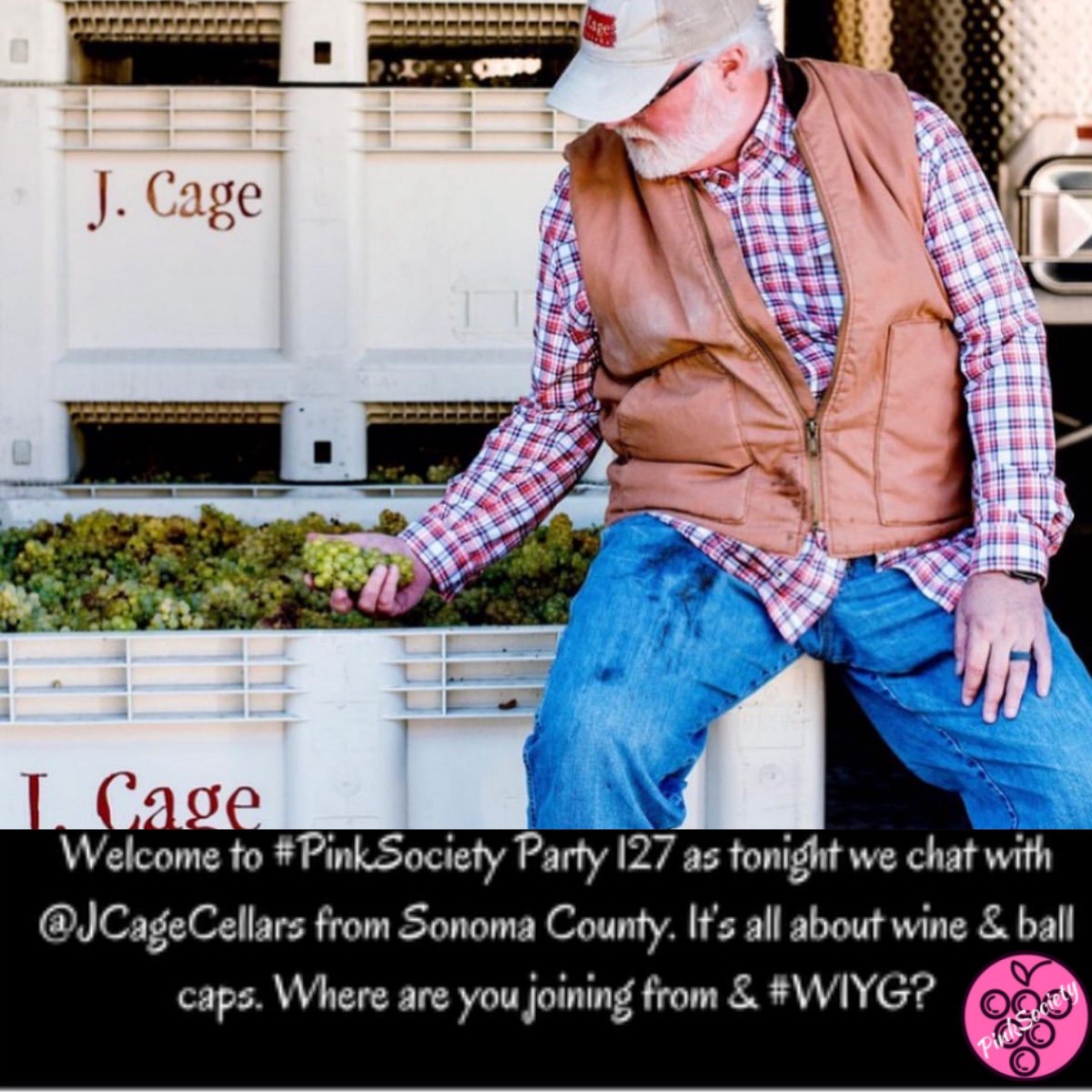 Welcome to #PinkSociety Party 127 as tonight we chat with @JCageCellars from Sonoma County. It's all about wine & ball caps. Where are you joining from & #WIYG? @jflorez @boozychef @_drazzari @redwinecats #myvinespot @AskRobY @Kerryloves2trvl @WineOnTheDime