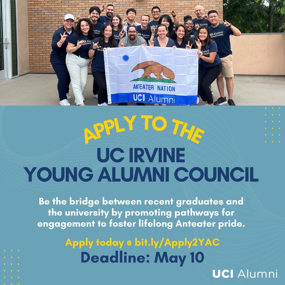 Want to be a part of connecting graduates to UCI? Well #UCIAlumni, Young Alumni have the perfect opportunity for you! Sign up before Friday, May 10 at buff.ly/4a14cXe and create long lasting #UCIPride! #ZotZotZot
