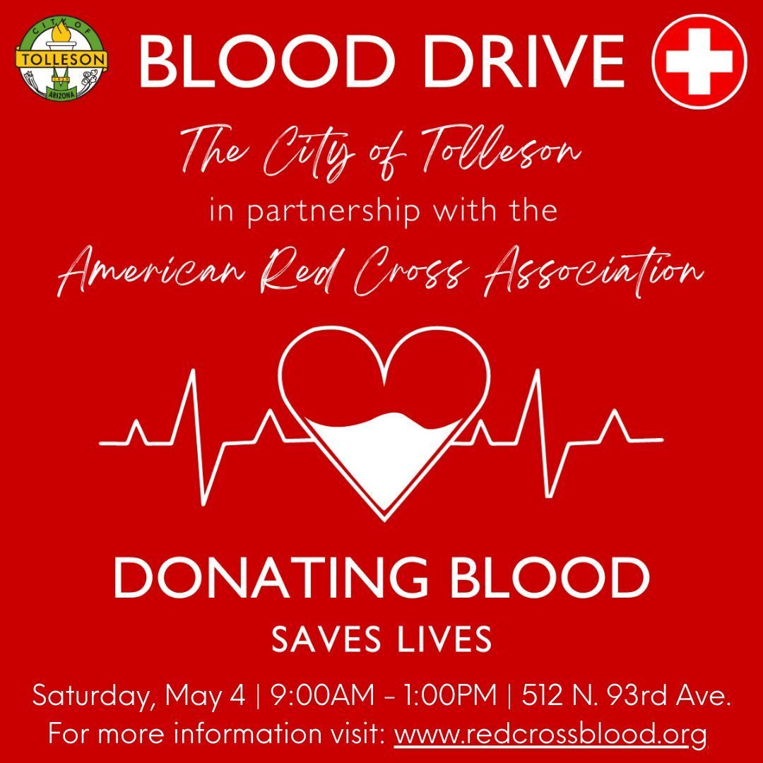 🚨 You're Invited! Join us at the Tolleson Community Blood Drive 🚨 📅 Saturday, May 4, 2024 🕙9:00 AM - 1:00 PM 📍 Blessed Sacrament Catholic Church Youth Room, 512 N. 93rd Ave. 📞 Call 1-800-RED CROSS (1-800-733-2767) 🌐 redcrossblood.org with sponsor code: tolleson