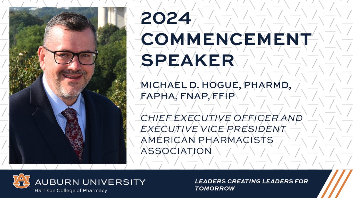 Dr. Michael Hogue, the CEO and Executive Vice President of @pharmacists will give the commencement address Monday at the 2024 Harrison College of Pharmacy Commencement ceremony. Read more >> pharmacy.auburn.edu/news/2023-24/0… #WarEagle