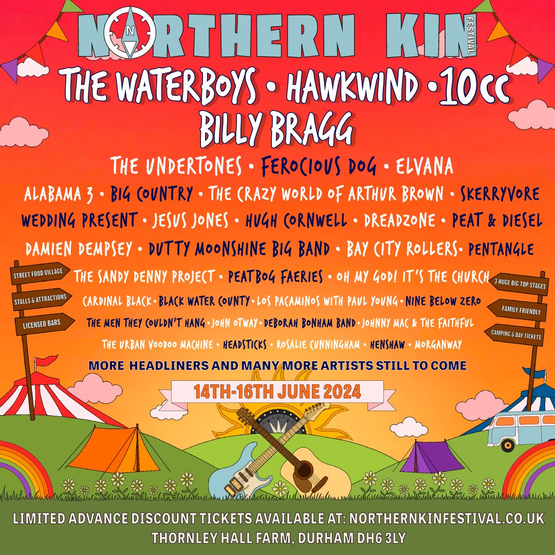 The Waterboys will headline Northern Kin Festval at Thornley Hall Farm in DURHAM, ENGLAND on Saturday 15th June 2024. Tickets are available now at northernkinfestival.co.uk/tickets-page/