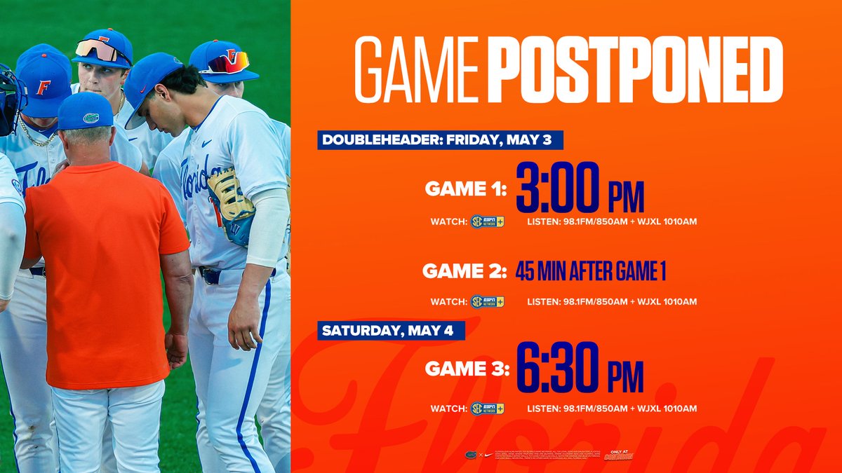🚨 SCHEDULE UPDATE 🚨 Due to ongoing inclement weather in the area, tonight's series opener vs. Tennessee has been postponed and moved to tomorrow. Florida and Tennessee will now play a Friday doubleheader beginning at 3 p.m. with game two starting ~45 minutes after game one.…