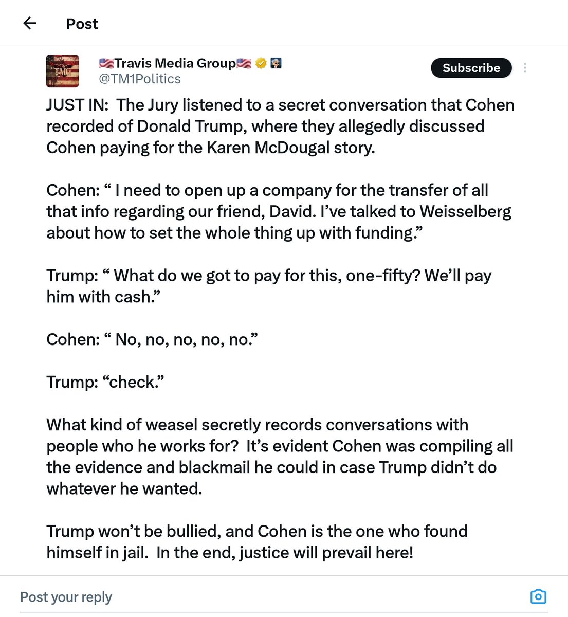 Look at this fucking clown @TM1Politics

@TM1Politics whole take away from this testimony is that Michael Cohen is a 'weasel' bcos he recorded the whole conversation — but NOT that Donald Trump basically confessed to the whole thing @TM1Politics

What a fucking idiot.
