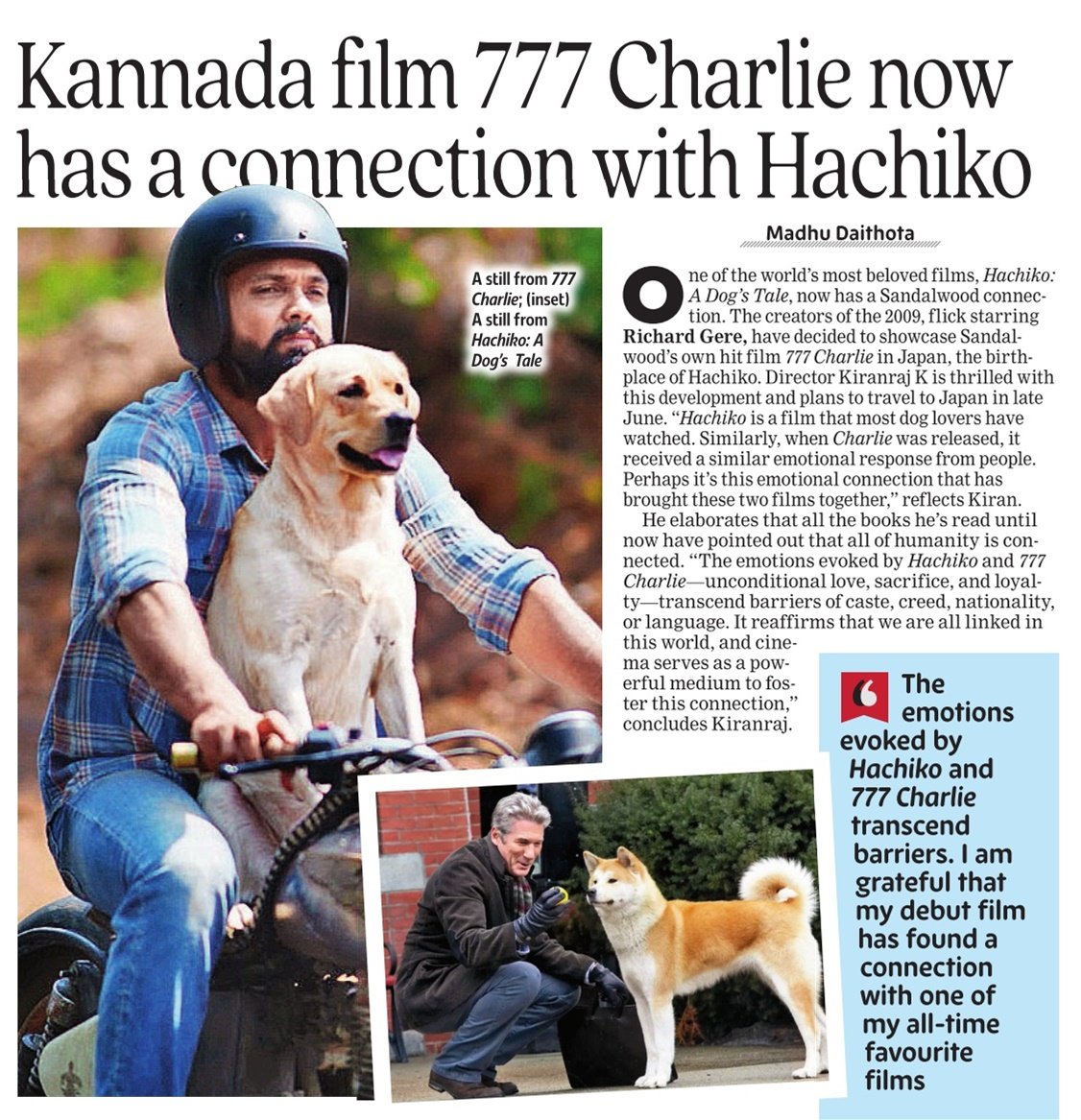 Kannada film 777 Charlie now has a connection with #Hachiko

#777Charlie #Charlie777 
#RakshitShetty @rakshitshetty