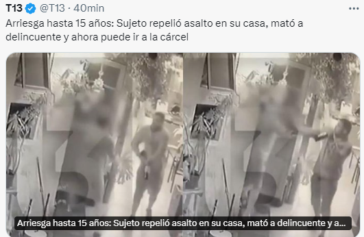 #T13Central La fiscalía acusa uso no proporcional de la fuerza.  Antes de dispararle, la víctima debería haberle preguntado : Ud. trae una pistola?  Trae un cuchillo?  Y mientras le preguntaba esto, el ladrón lo habría matado. JUSTICIA ESTUPIDA. SIEMPRE PROTEGIENDO AL DELINCUENTE