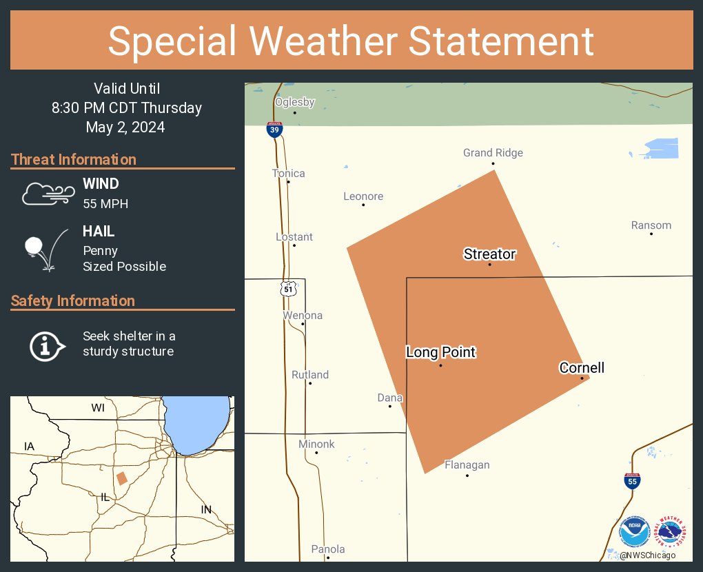 A special weather statement has been issued for Streator IL, Cornell IL and Kangley IL until 8:30 PM CDT