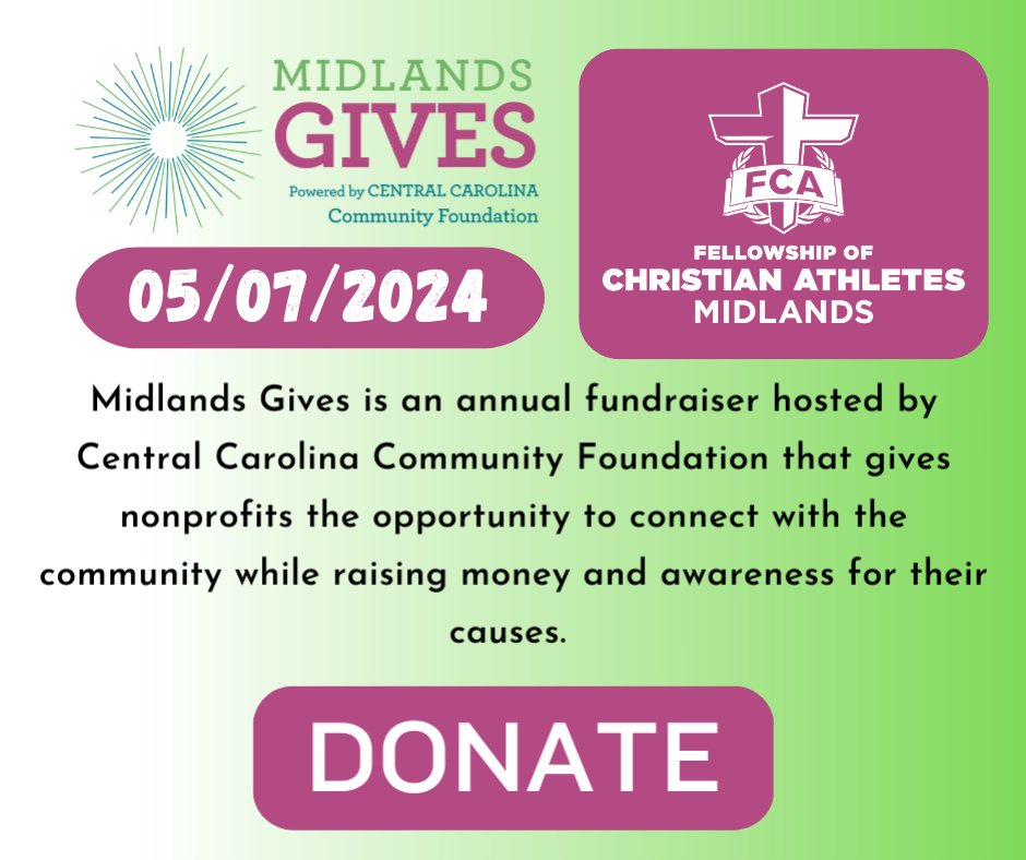 Get ready for the BIGGEST GIVING DAY in
the Midlands community! Midlands Gives is only 4 days away! Midlands Gives Day is on May 7th, and is a
great time to consider becoming a donor.
Go to >>>midlandsgives.org/MidlandsFCA to make an
early donation TODAY!!
#MidlandsFCA #MidlandsGives