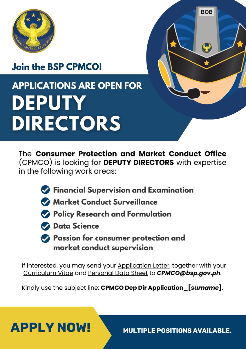 WE'RE HIRING! 📢 Send your application letter, CV, and personal data sheet through email: CPMCO@bsp.gov.ph Remember to use the subject line: CPMCO Dep Dir Application_[surname] #BSP #BSPCareers