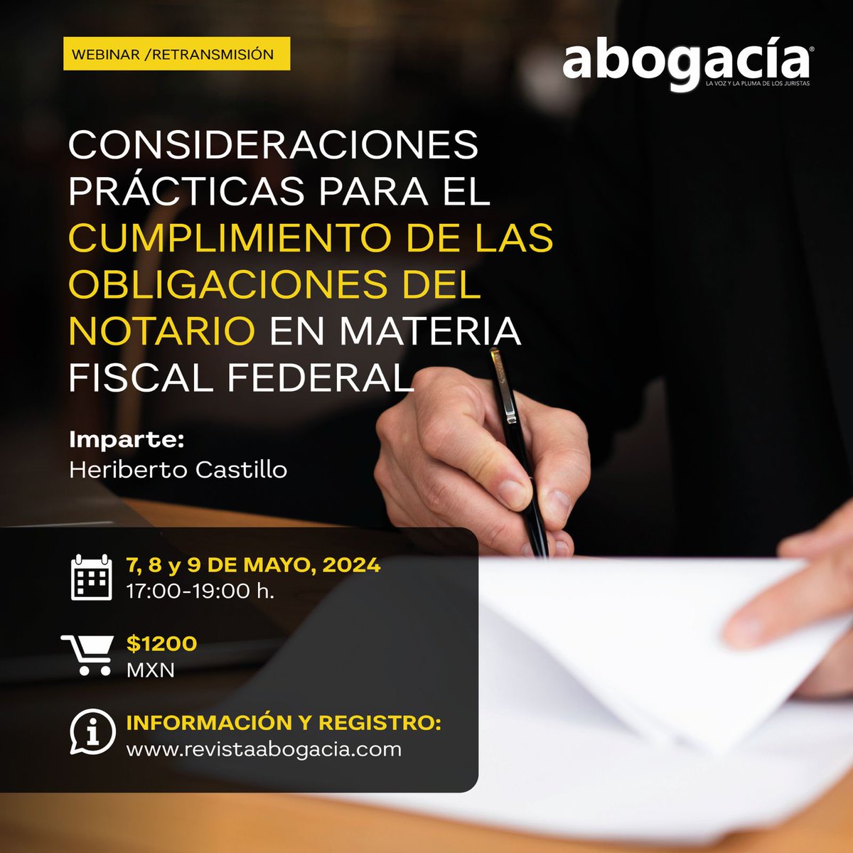 #Webinar | Consideraciones prácticas para el cumplimiento de las obligaciones del Notario en materia fiscal federal 🗓️ 7, 8 y 9 de mayo, 2024 ⏰ 17.00 - 19.00 hrs (CDMX, GMT-6) 🛒 $1,200.00 M.N. ℹ️ Información y registro: t.ly/WAMAa