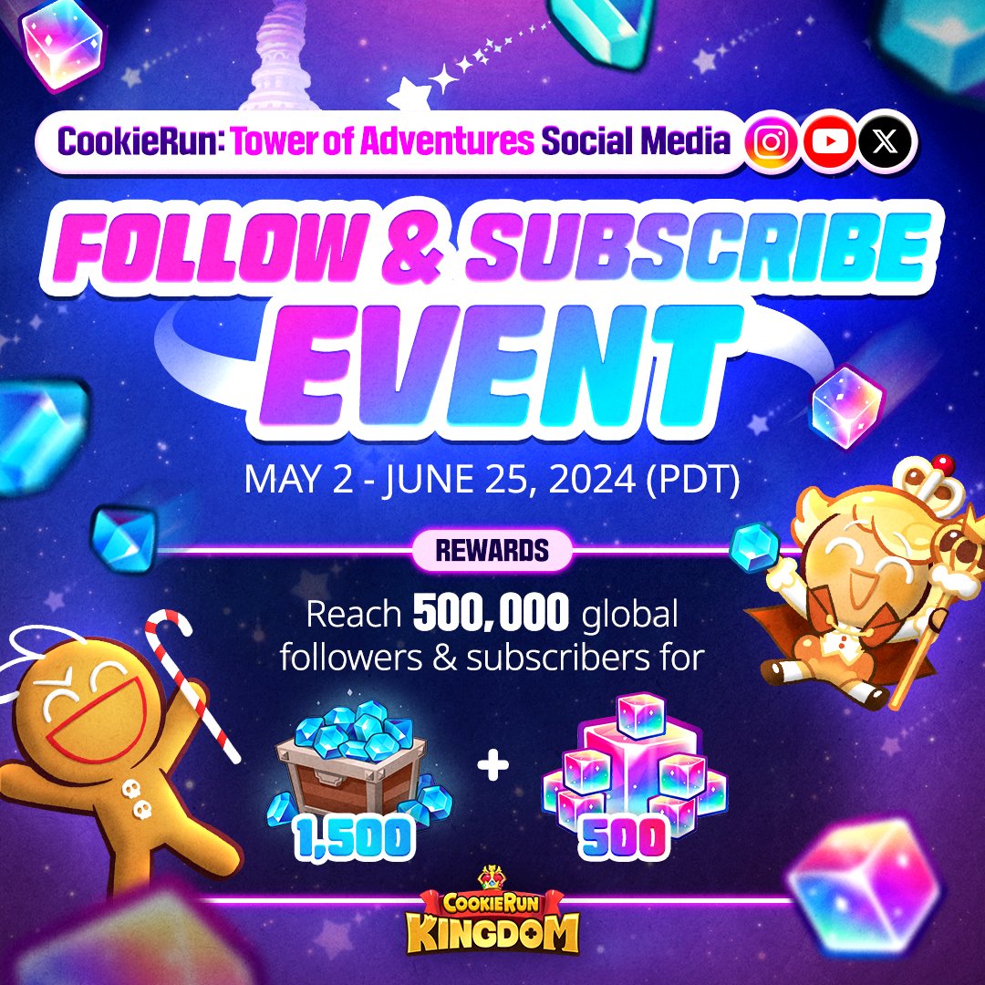 A new CookieRun game! ✨ CookieRun: Tower of Adventures! Subscribe or follow us on social media and receive Crystals x1,500 and Rainbow Cubes x500 to use in CookieRun: Kingdom! 🌈 👉 Subscribe: ckie.run/ctoa_YTSub #CookieRun #TowerOfAdventures #PreRegister