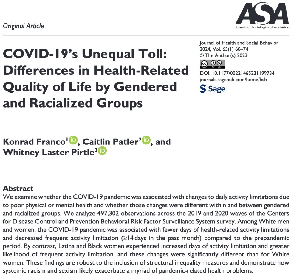 How did structural racism and sexism shape health-related activity limitation during the first year of #COVID-19? @konradfranco @CaitlinPatler @thePhDandMe examine in the latest issue of #JHSB. Open access: bit.ly/3wl8uuY @ucdavis @UCBerkeley @UCMsociology