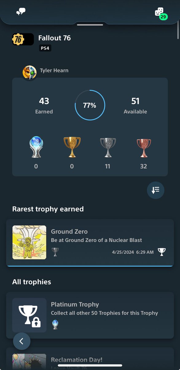 I’m almost done with the  Fallout 76 Platinum Trophy 
@PlayStation @Fallout #trophyhunter #platinum #playstationtrophies #gaming #PS5