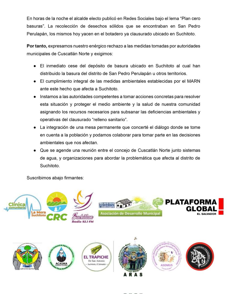 #Denuncia| Diversas organizaciones de Suchitoto, expresan preocupación y rechazo ante la reciente acción tomada por el alcalde de Cuscatlán Norte, Carlos Sánchez, ya que autorizó que la recolección de basura de San Pedro Perulapán se depositara en el basurero ubicado en Suchitoto