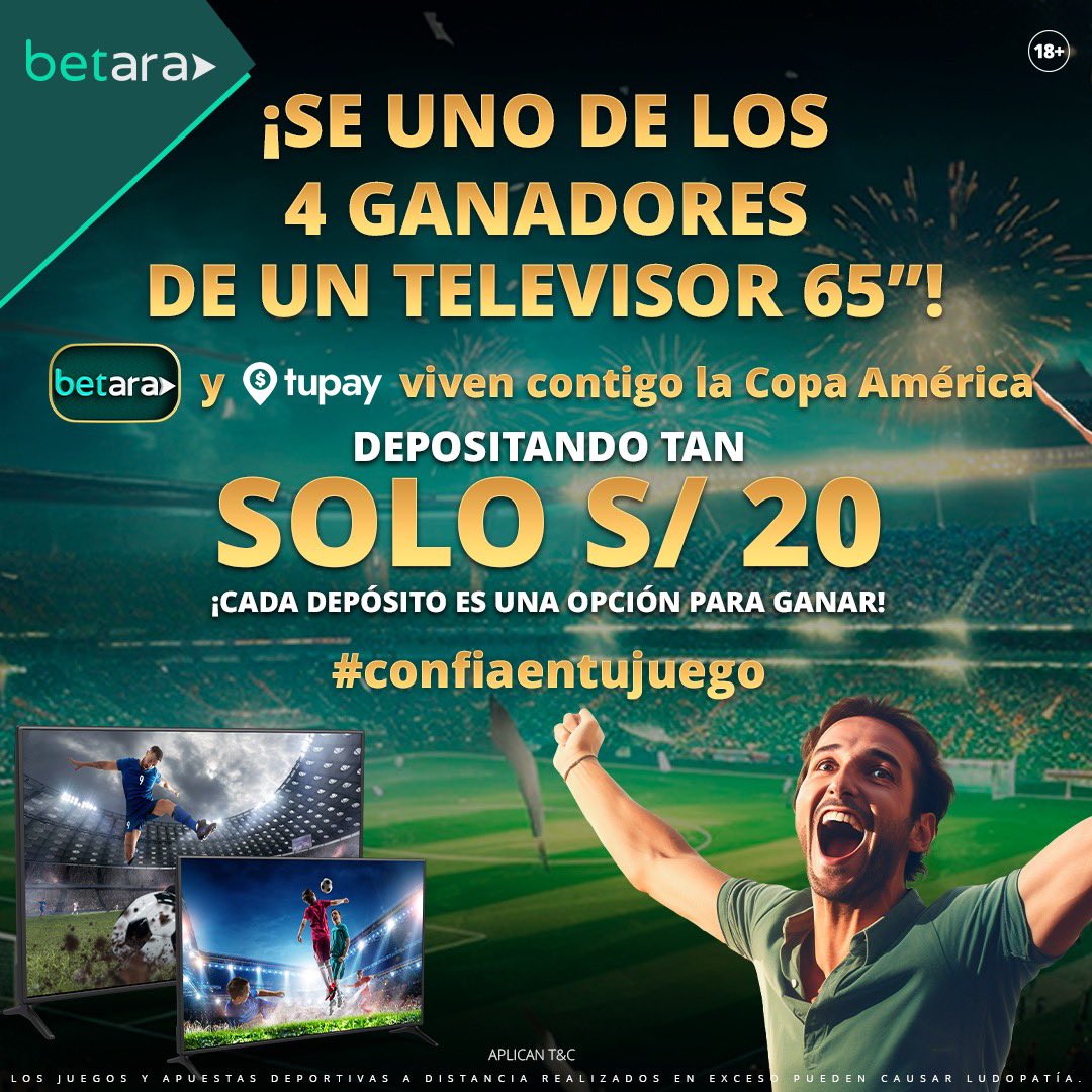 ¡Gente, @Betara_Peru te trae regalazos 🎁 para que disfrutes la #CopaAmérica ⚽️! 

Llévate una de las 4 TVs 📺 de 65' gracias Tupay y @Betara_Peru 

¿Cómo participar? Fácil...

Por cada S/20 que deposites con Tupay en betara.com, obtienes una oportunidad para ganar.…