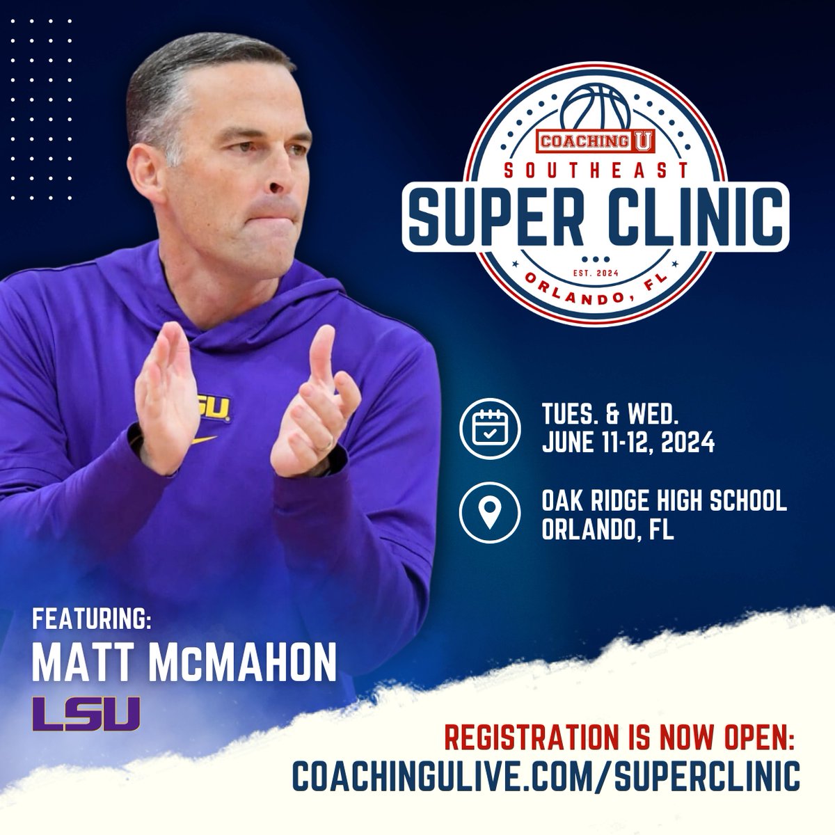 🏀 Coaching U returns to Orlando this summer for the 1st ever Southeast Super Clinic featuring LSU's Matt McMahon! 🗓️ June 11-12, 2024 📍 Orlando, FL 🎟️ Registration is now open: 🔗 coachingulive.com/superclinic