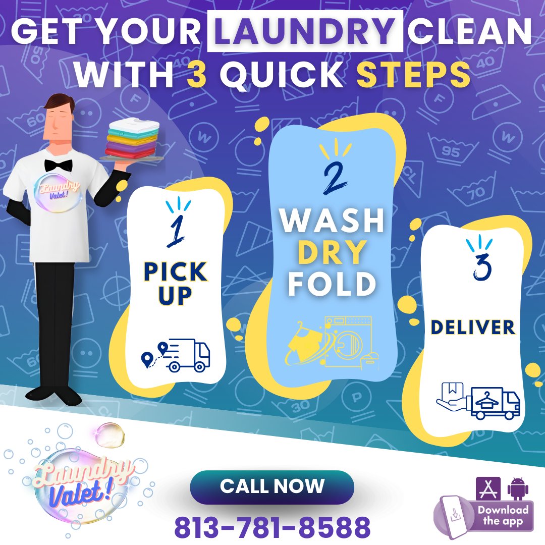 Get your laundry clean in 3 quick steps: 1️⃣ Schedule a pickup 2️⃣ We wash, dry, and fold your clothes 3️⃣ Receive your fresh laundry delivered the next day!
New customers receive a 10% discount! Call 813-781-8588 #LaundryValetPro #SaintPetersburg #Florida #LaundryService