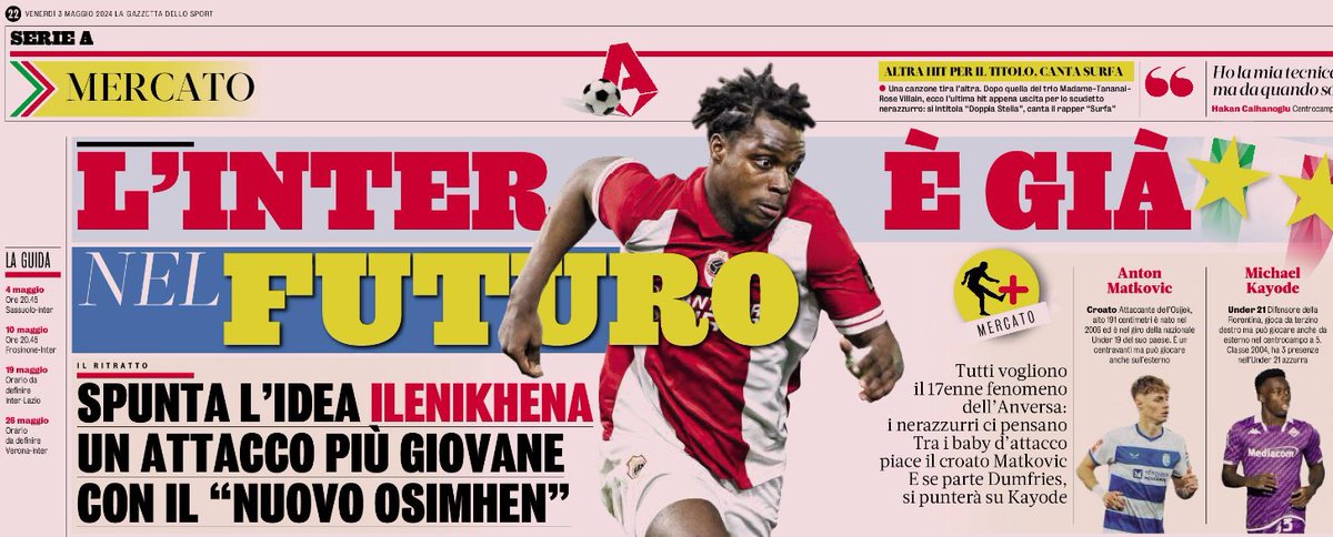 INTER ALREADY IN THE FUTURE. Inter are interested in the 'new Osimhen': 17 year-old George Ilenikhena of Royal Antwerp F.C.. The club is also looking at 18 year-old Croatian Anton Matković and 19 year-old Italian Michael Kayode.