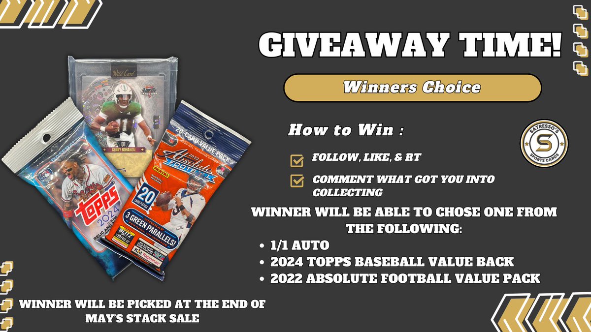 SatressosCards's tweet image. 🚨🚨 Giveaway Time! 🚨🚨 In celebrating my second stack sale #StackWithSat starting this month, I will be doing a giveaway to a lucky follower. 
 To enter: 
- Follow, LIke, Rt
- Comment what got you into the hobby  
Winner can choose one of the following:
#TheHobbyFamily