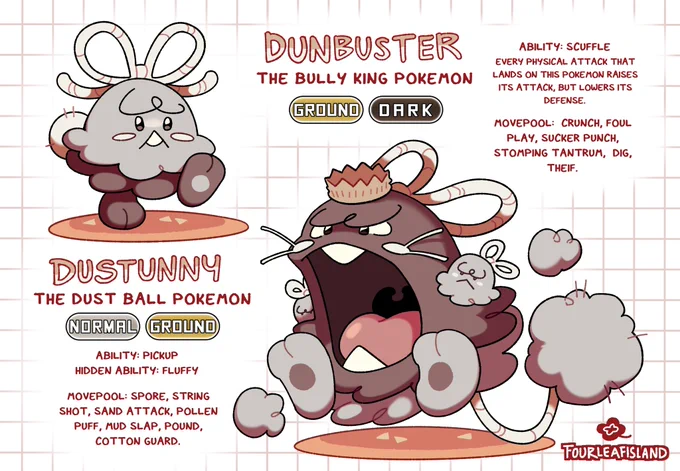 DUSTUNNY and DUNBUSTER, pokemon commonly found in department stores and warehouses. parents warn their children that if they don't keep their room clean, the DUSTUNNY there may merge and form DUNBUSTER under their bed.