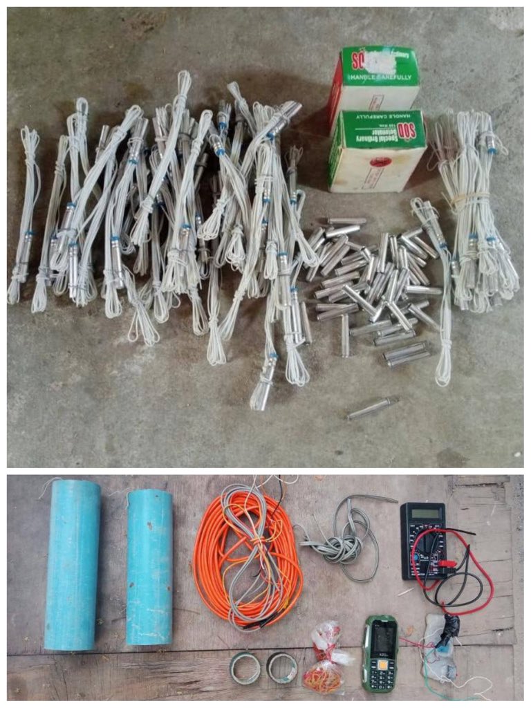 On 1st May around 8am in Yesagyo Twsp, KanBe village, security personnel discovered 2 landmines, 45 detonator lines, 2boxes of 200 detonator covers, and wires inside the monastery compound. @NUGMyanmar underlings #PDF terrorists cells have been using Buddhist monasteries.