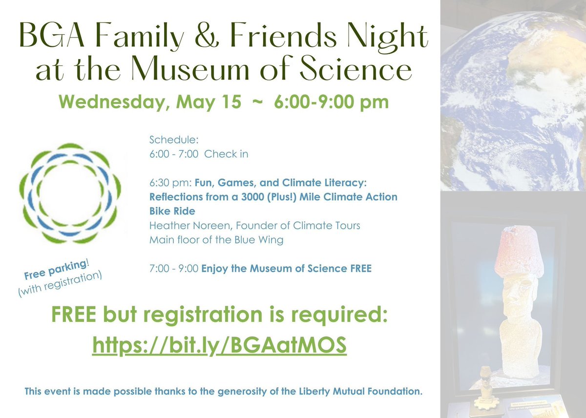 Boston Green Academy (@bosgreenacademy) on Twitter photo "Fun, Games, and Climate Literacy: Reflections from a 3000 (Plus!) Mile Climate Action Bike Ride" - Heather Noreen of Climate Tours will speak on 5/15 at BGA Family and Friends Night at <a href="/museumofscience/">Museum of Science</a> (6:30 pm) * FREE but registration is required: buff.ly/3wl8x9X "Fun, Games, and Climate Literacy: Reflections from a 3000 (Plus!) Mile Climate Action Bike Ride" - Heather Noreen of Climate Tours will speak on 5/15 at BGA Family and Friends Night at <a href="/museumofscience/">Museum of Science</a> (6:30 pm) * FREE but registration is required: buff.ly/3wl8x9X
