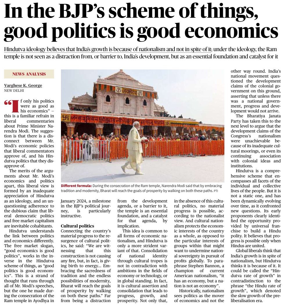 ‘If only his politics were as good as his economics.’ You have heard this liberal argument. But the free market slogan, “good economics is good politics”, works in the inverse in the Hindutva scheme of things, as “good politics is good economics”. @the_hindu