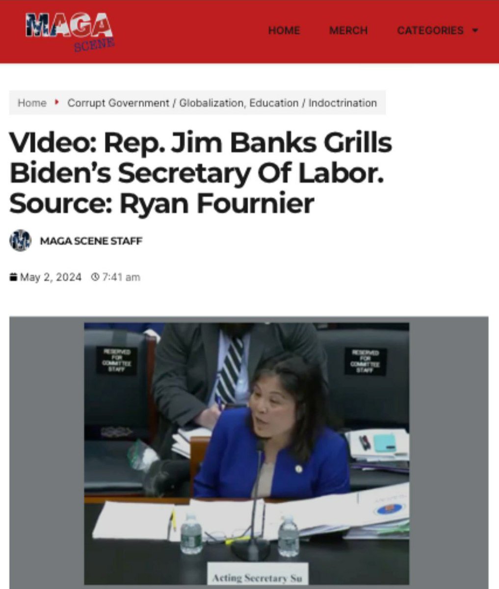 📌MAGA Scene 🇺🇸 VIdeo: Rep. Jim Banks Grills Biden’s Secretary Of Labor. Source: Ryan Fournier magascene.us/video-rep-jim-… @RyanAFournier @Jim_Banks @ScottZPatriot @MAGA_Scene Truth, X, & IG