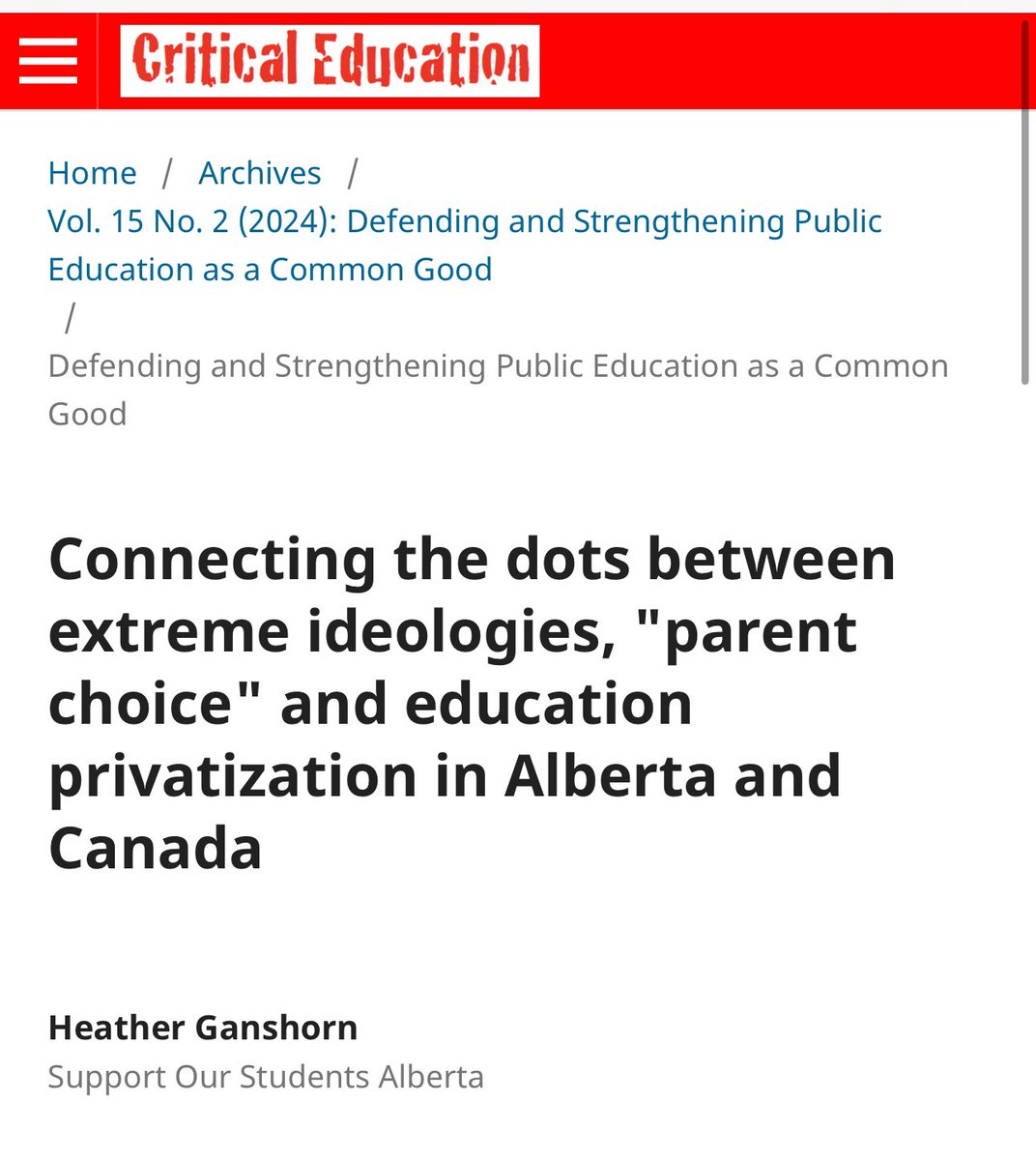 Our research director has published a new article “Connecting the Dots Between Extreme Ideologies, ‘Parent Choice,’ and Education Privatization in Alberta and Canada.” An important read that explains how these forces threaten public education. ices.library.ubc.ca/index.php/crit…