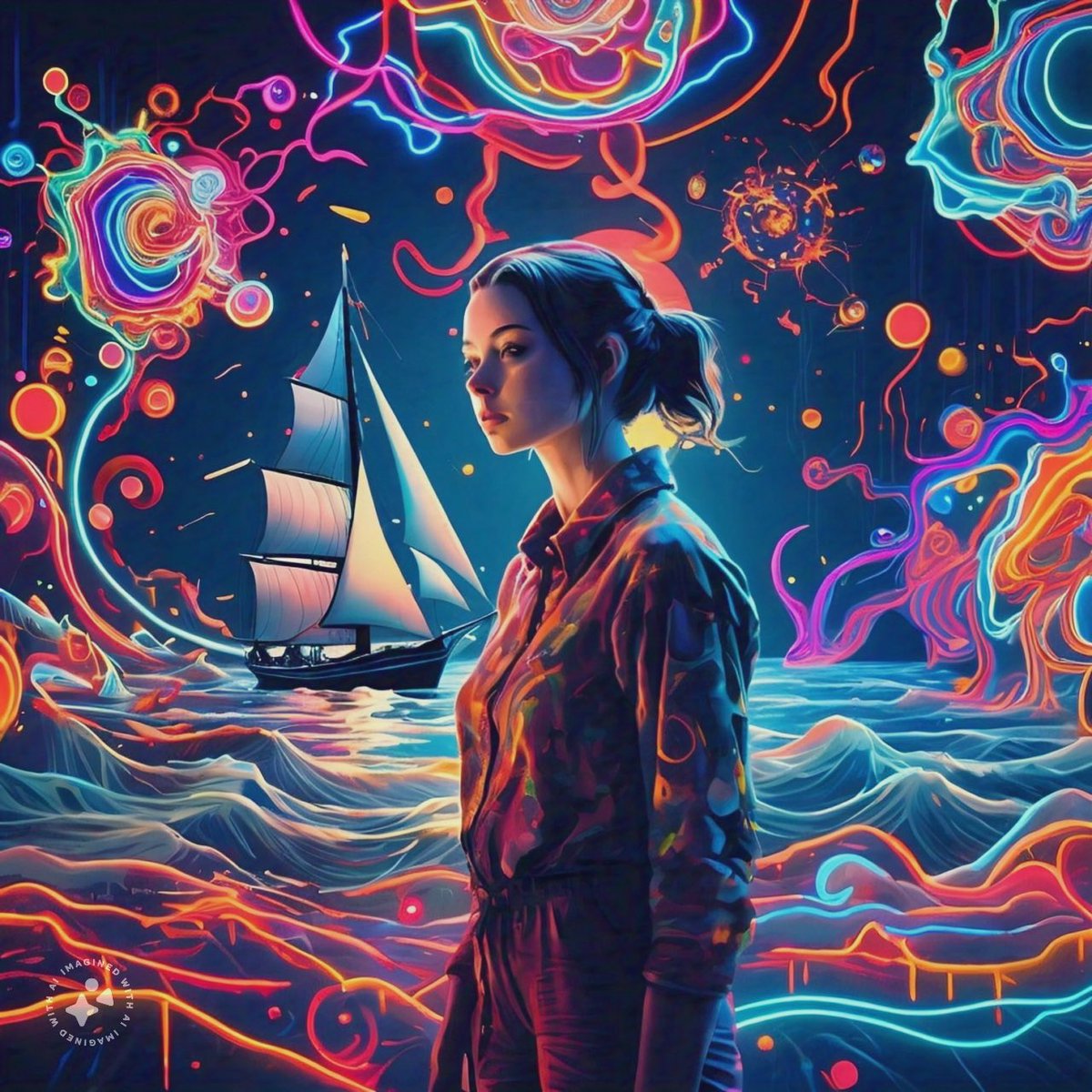 share:  A young woman surrounded by intricate spatial pattern of colorful glowing Neon Rorschach inkblots, with 70s kung fu movie style circus clown painting of the most unusual image of a sailboat sailing into the setting sun with blue green white sails and sunset background.