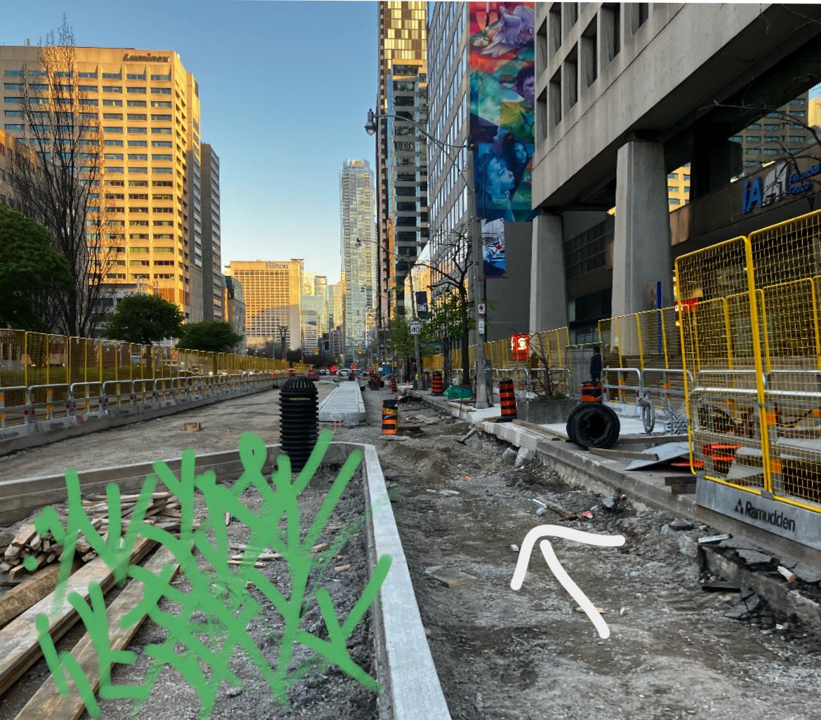 Today I went for a stroll to check out the construction progress on University between College and Dundas. Raised concrete and planted buffer, protected intersection elements at Gerrard and wide comfy cycle tracks. Check out a few marked up photos. #biketo