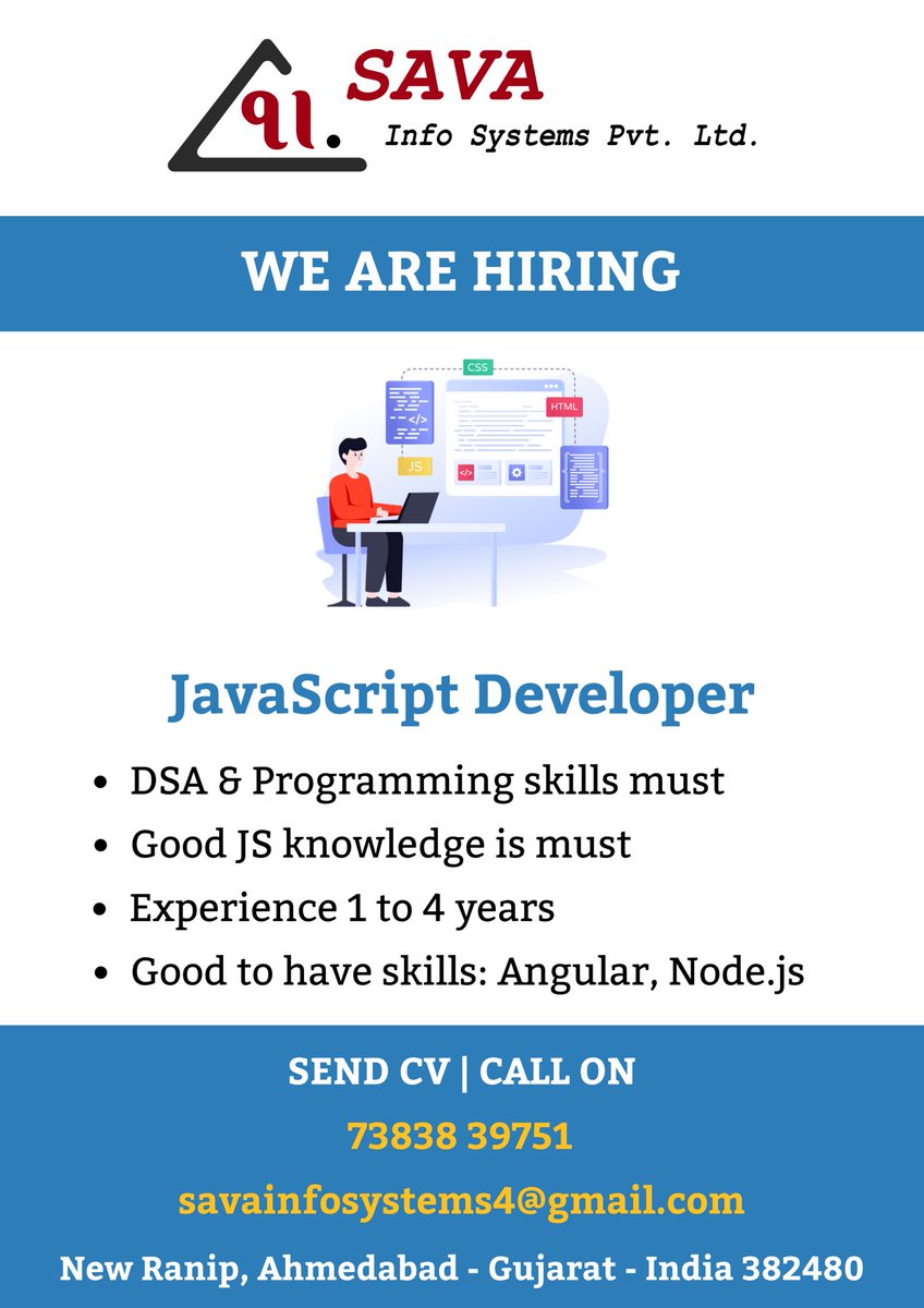 patelgaurav_it's tweet image. 👩💻 We are hiring experienced JavaScript Developer. 👨💻
📍 New Ranip, Ahmedabad, India
👉 This is not remote opportunity.
📂 DM are open, share your resume if you are interested.