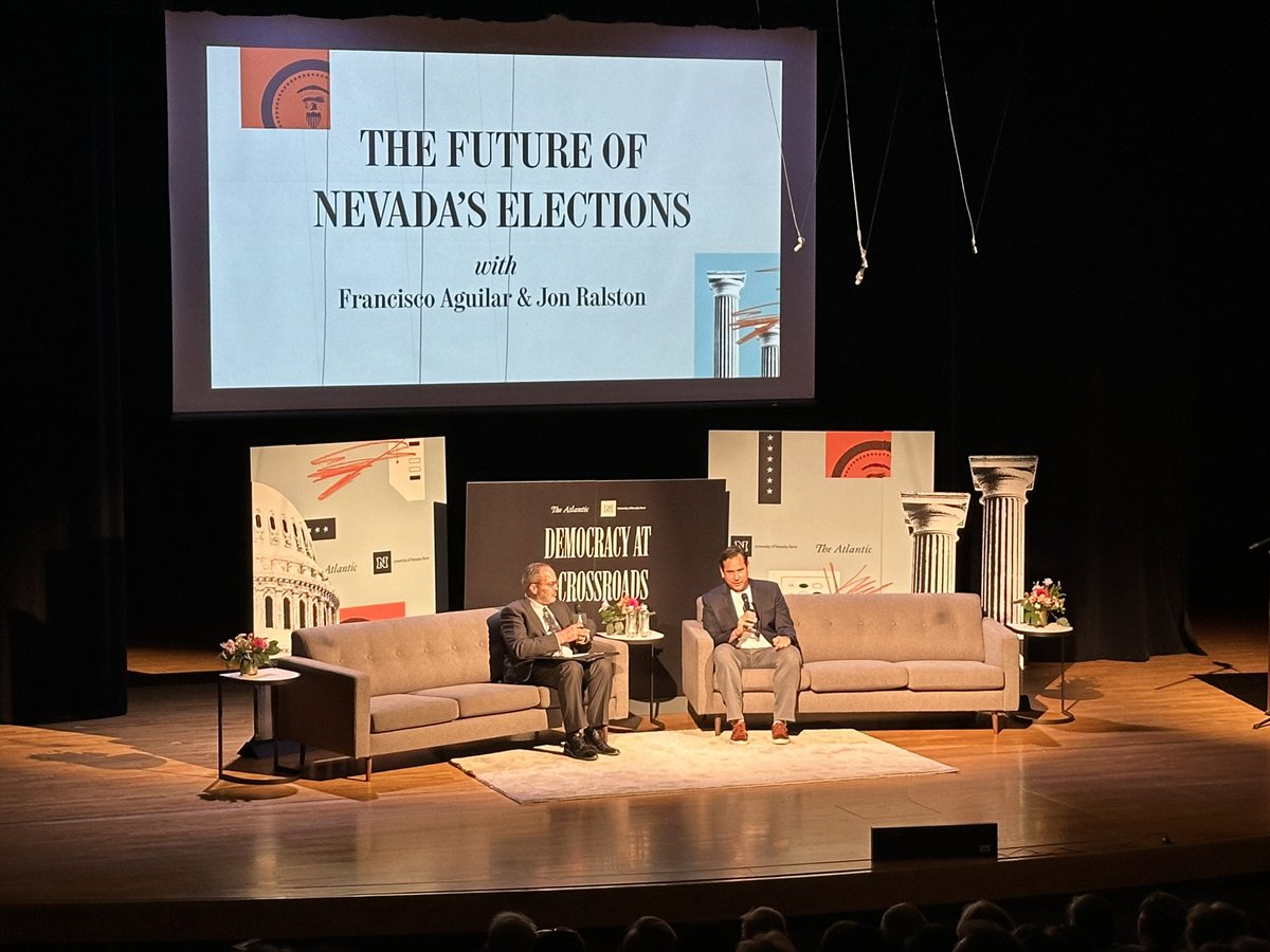 At #AtlanticDemocracy at <a href="/unevadareno/">University of Nevada, Reno</a>, fascinating conversation happening with <a href="/RalstonReports/">Jon Ralston</a> and <a href="/NVSOS/">NV Sec of State</a> about the future of Nevada’s elections. “We’re never going to change our educational system in this state, unless these parents are voting.” -<a href="/NVSOS/">NV Sec of State</a>