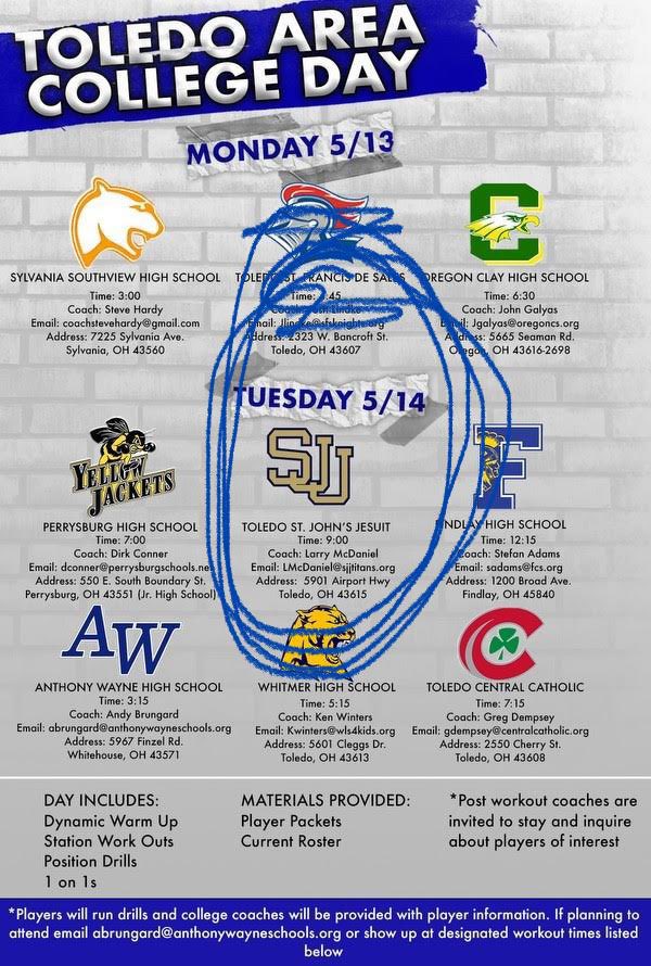 Toledo College Day Showcase at SJJ is May 14th. I’m trying to get to as many camp invites as I can, but if you can come out to see me work at home- I’ll put you in contact with our head coach!