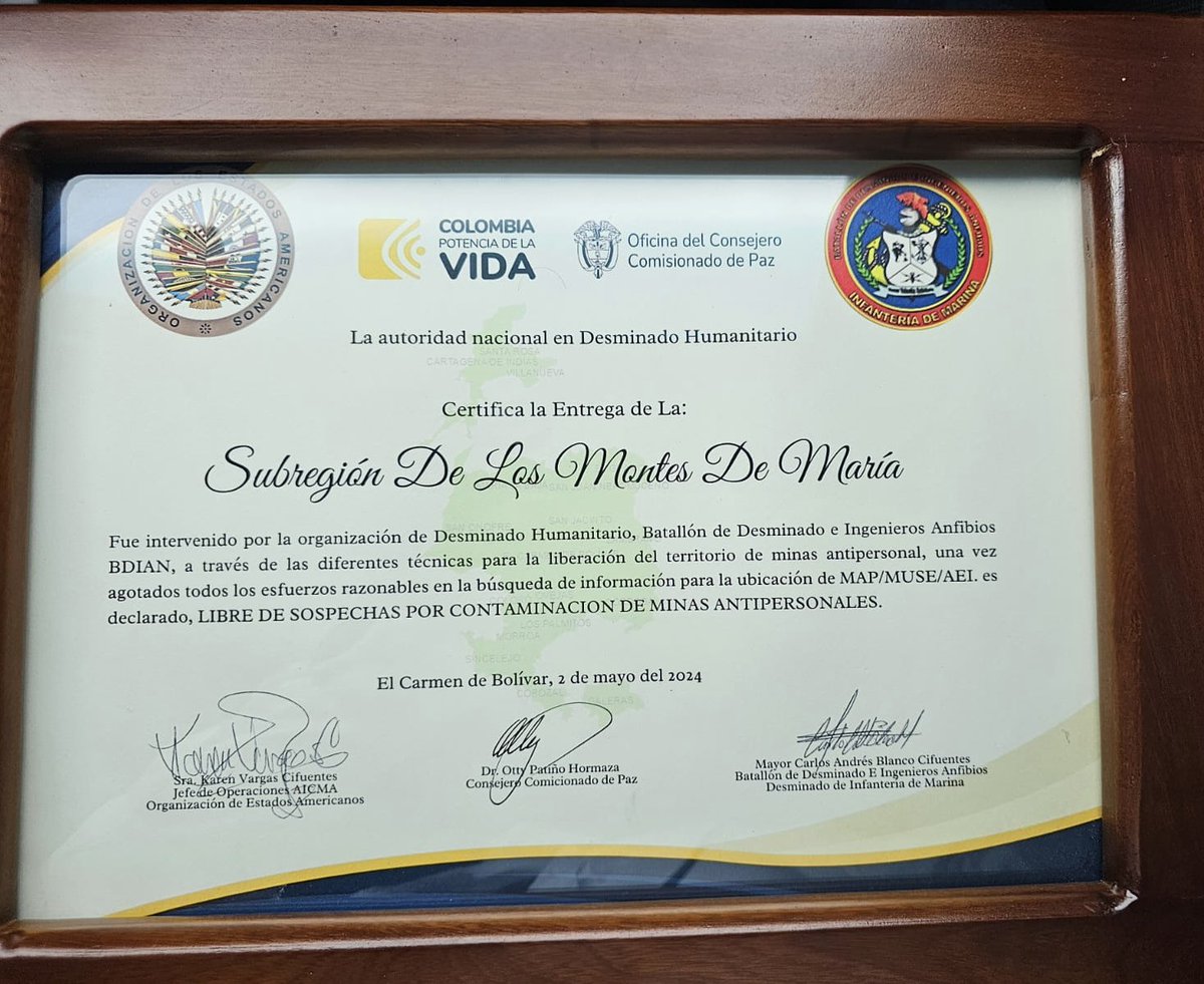 Hoy celebramos un gran avance para nuestro departamento. Los campesinos de los Montes de María podrán trabajar sin miedo, gracias a la entrega de municipios libres de sospecha de minas antipersonas en El Carmen de Bolívar. ¡Gracias a la Armada Nacional y la Fuerza Naval del…