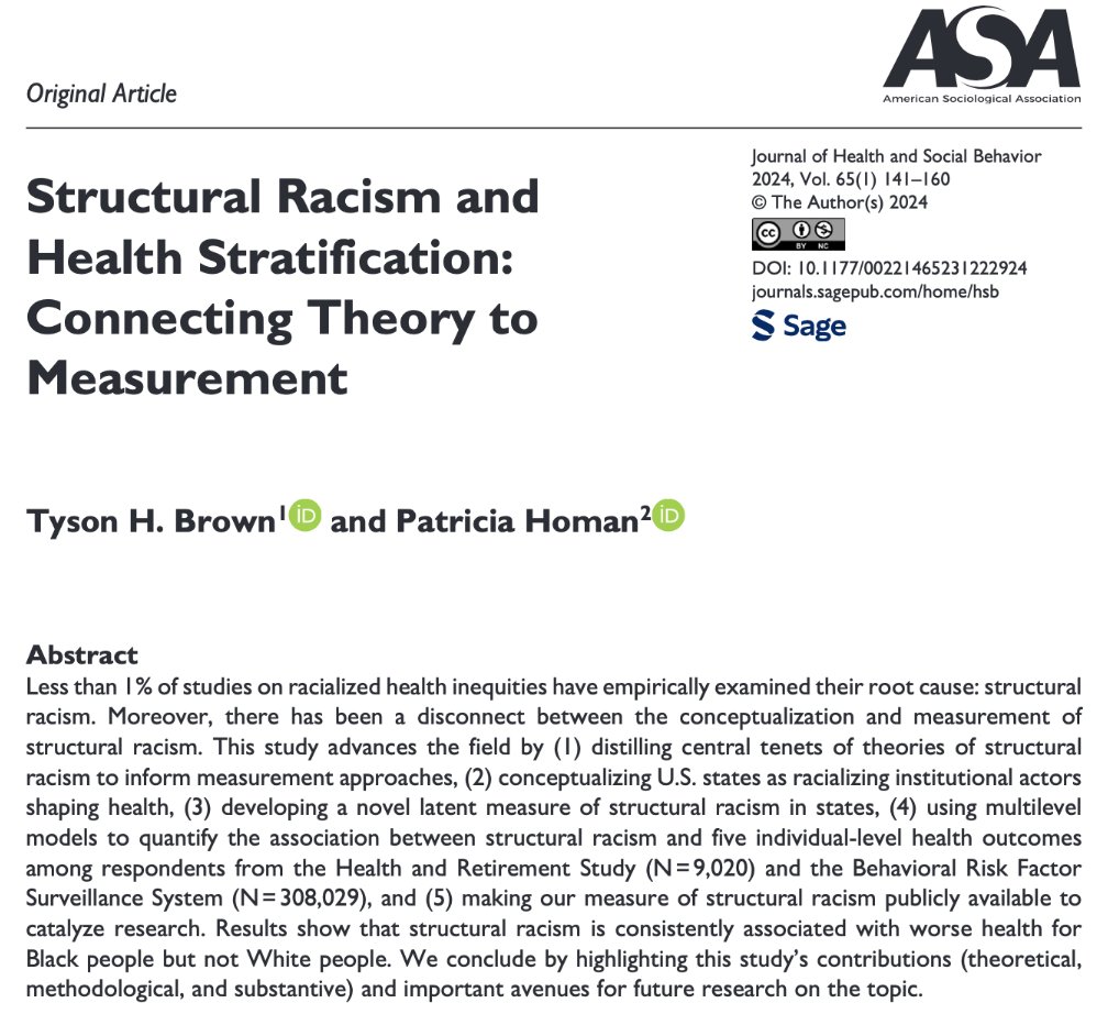 JofHSB's tweet photo. How can researchers operationalize structural racism? @tysonbrown &amp; @pa_homan further the field in the latest issue of #JHSB.

Open Access: https://t.co/TOWe4fuQfT

@Duke_Sociology @FSUSociology
@ASAMedSoc
@RaceGenderClass https://t.co/hPWWLuCAqg