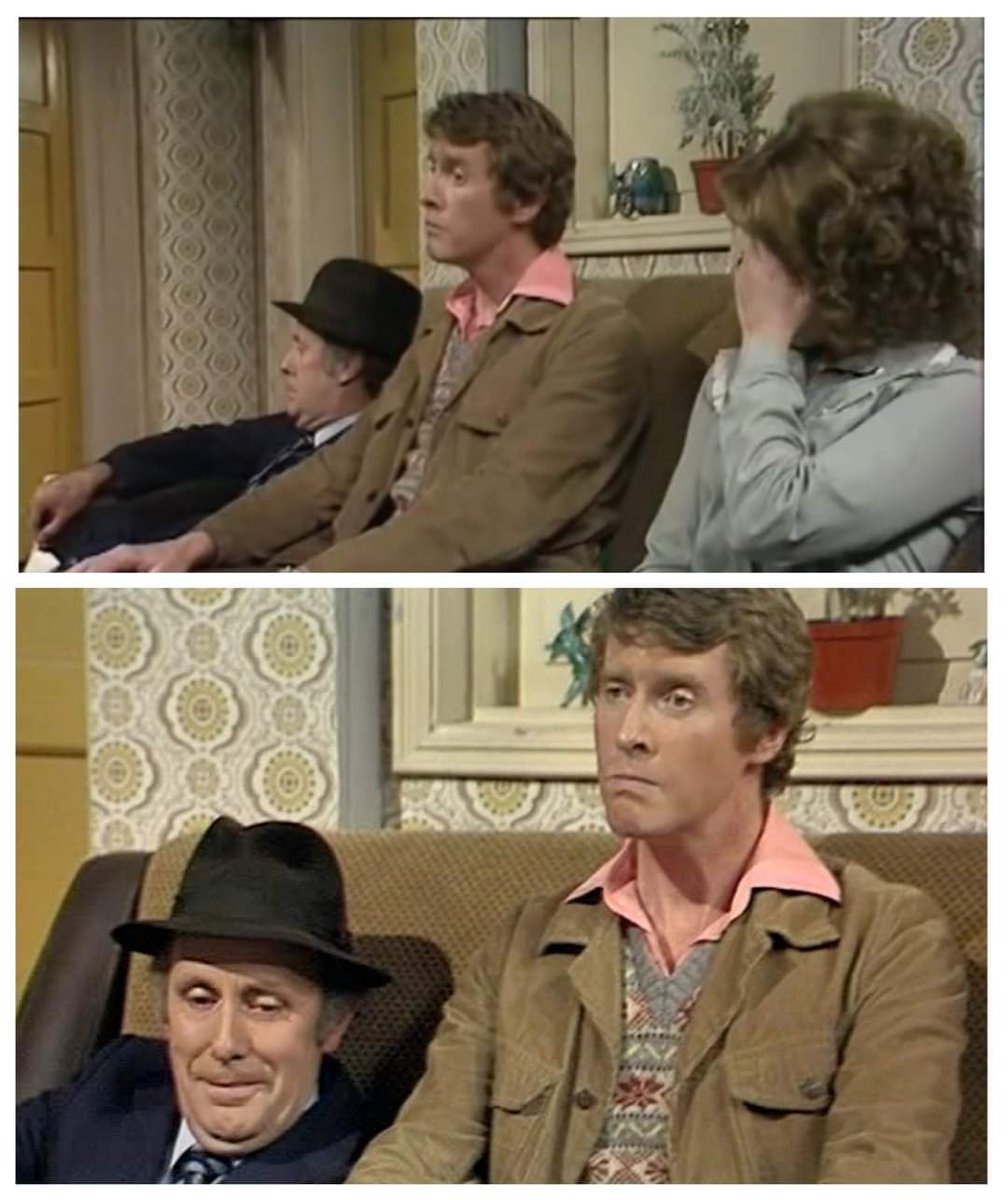 When Richard sits on the sofa and falls into it, he has a smirk on his face. Michael Crawford stops speaking as he sees what happened and is desperately trying not to laugh. Michele Dotrice puts her hand across her forehead, trying to stop the camera from seeing her laugh 😂