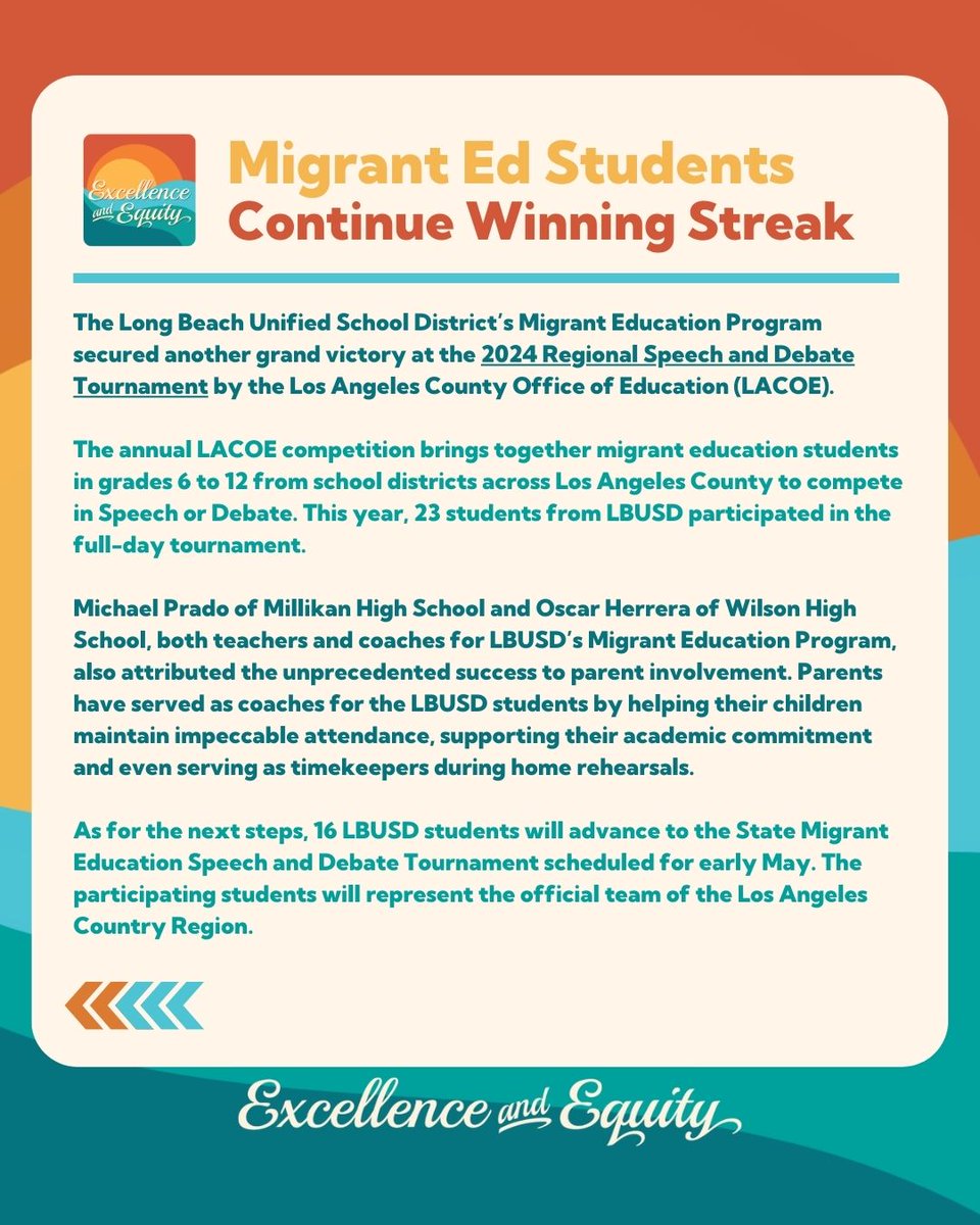 ⭐️LBUSD's Migrant Education Program recently secured another grand victory at the 2024 Regional Speech and Debate Tournament! ⭐️

#ExcellenceandEquity  #Vision2035 #VisionInAction #ProudtobeLBUSD