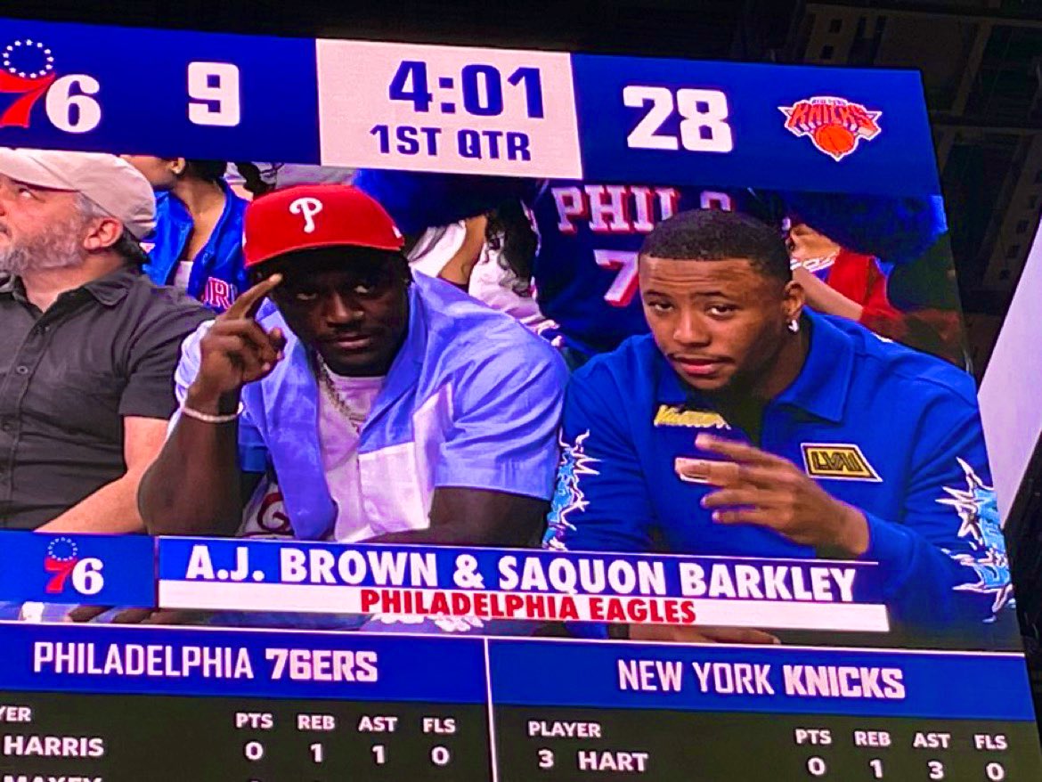 #Eagles stars Saquon Barkley and AJ Brown at the Sixers, Knicks playoff game court side 🔥🔥🔥 (📸NBC)