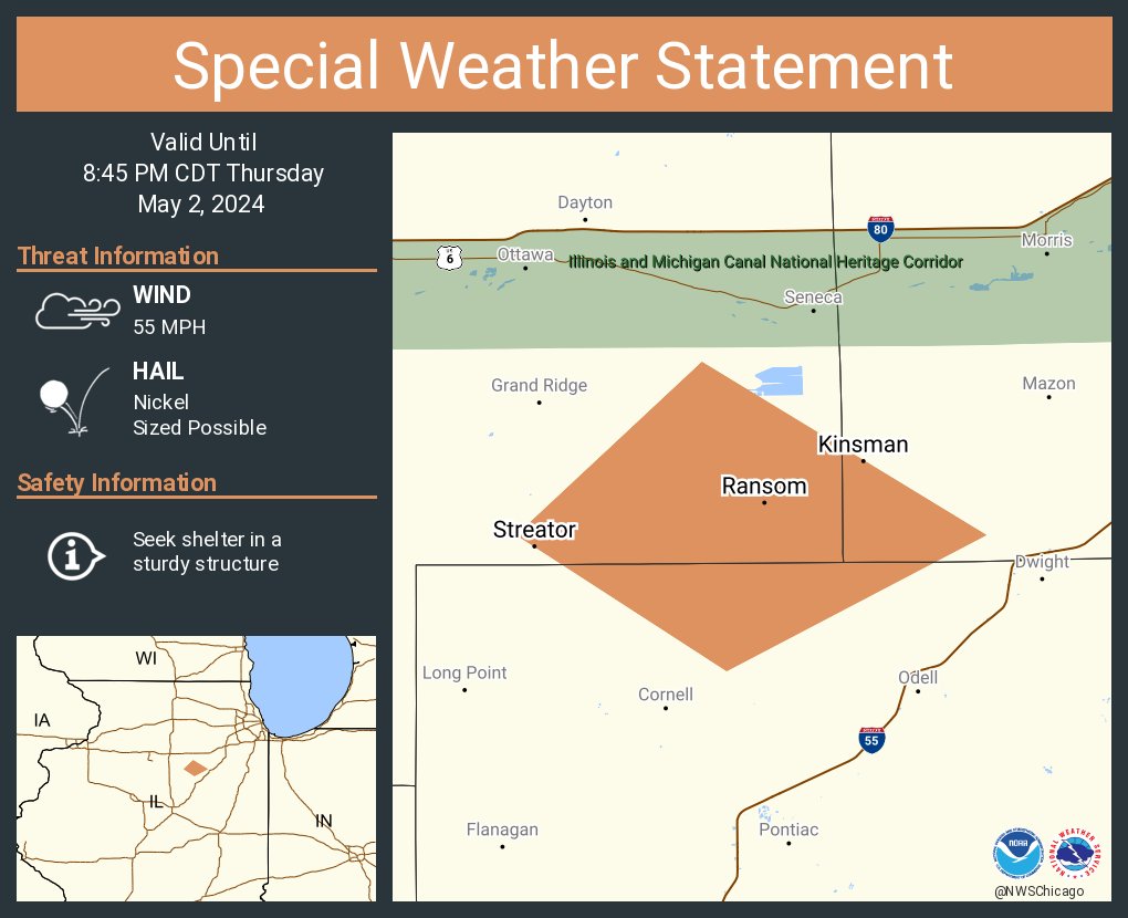 A special weather statement has been issued for Streator IL, Ransom IL and Kinsman IL until 8:45 PM CDT