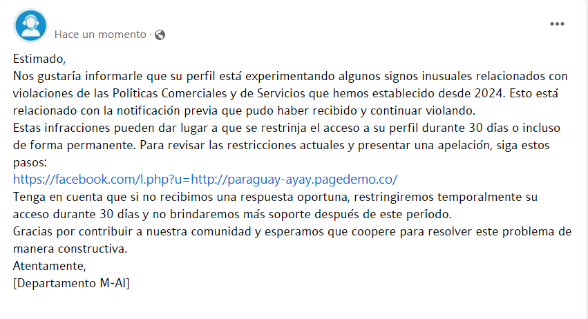 Advertencia, a quienes reciban este aviso sobre todo en Facebook, porque arrobaron su nombre, no ingresen al enlace que se muestra porque es un actor de amenazas de Phishing, que suplanta la identidad de la red social, para hacerse con datos válidos de la cuenta de la víctima.